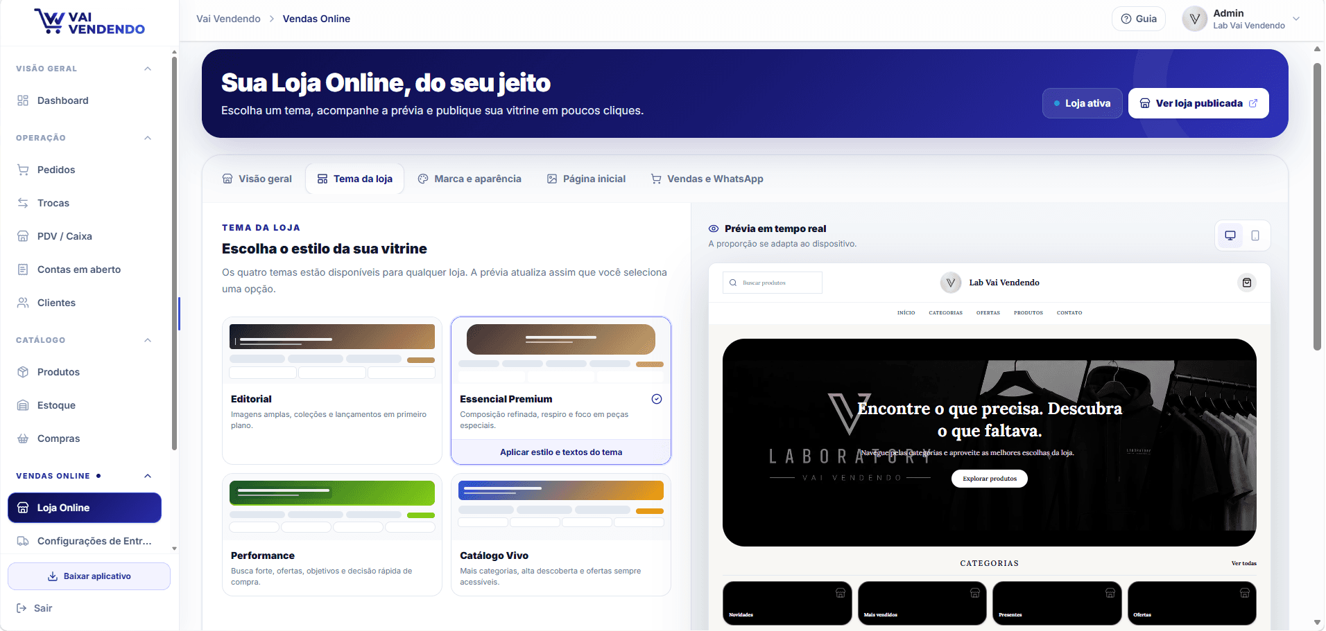 Painel de personalização do Vai Vendendo